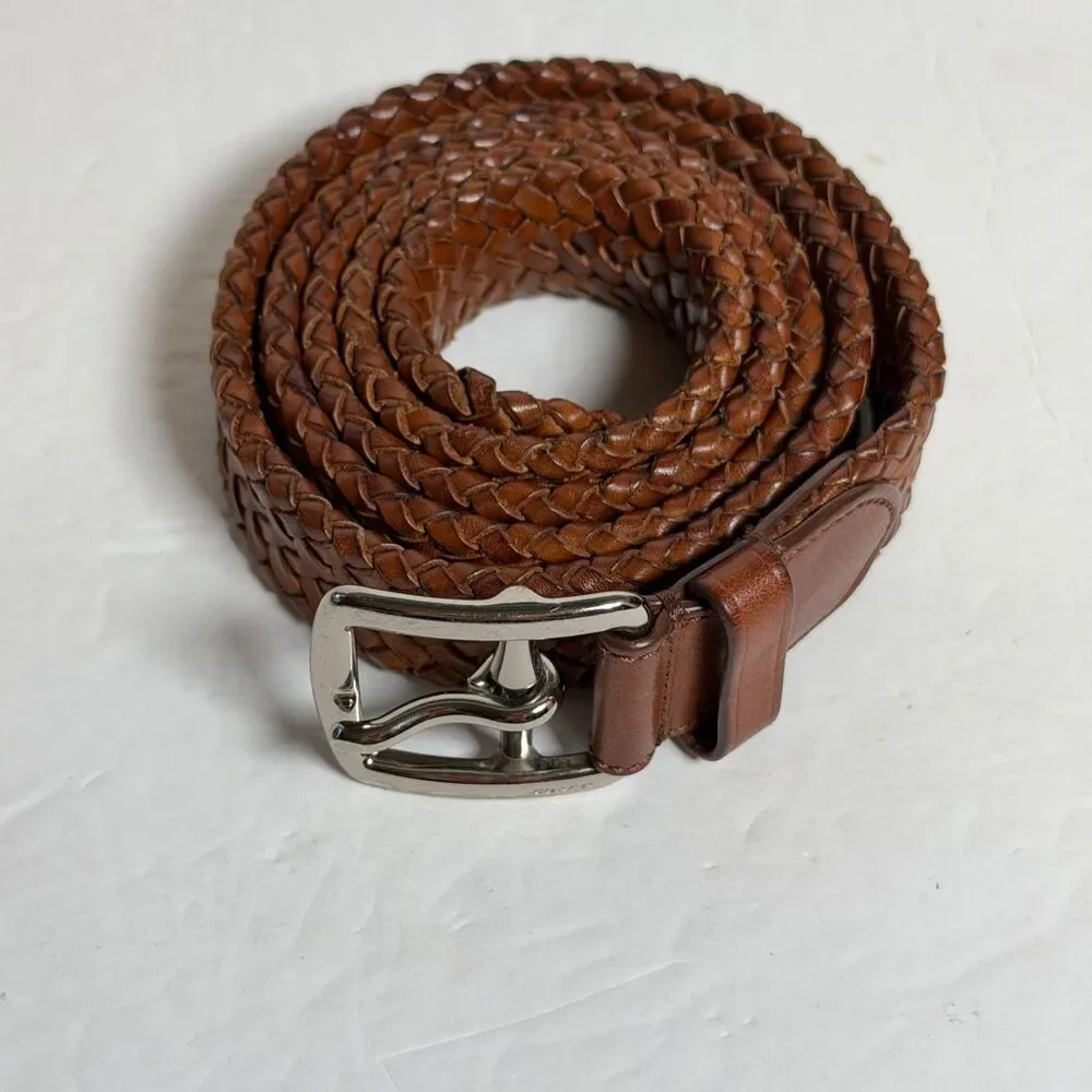 Coach 64459 Brown Braided Woven Leather Belt Size 34 Silver Tone Buckle 48